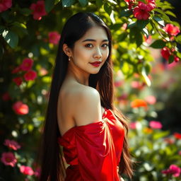 A stunning portrait of an Asian woman with long black hair, wearing a flowing red silk dress, standing gracefully in a lush green garden filled with vibrant flowers