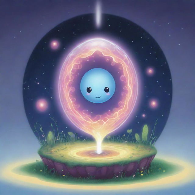 Illustrate a cute, cartoon-style 'Embryonic Echo' card, an 'upcell' type. Depict a delightful scene of a cell experiencing a magical rebirth, glowing brightly from the echo. The card should radiate a sense of charm and rejuvenation.