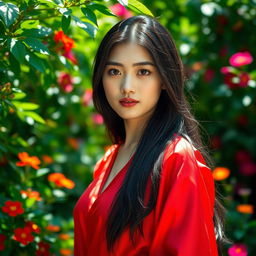 A stunning portrait of an Asian woman with long black hair, wearing a flowing red silk dress, standing gracefully in a lush green garden filled with vibrant flowers