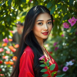 A stunning portrait of an Asian woman with long black hair, wearing a flowing red silk dress, standing gracefully in a lush green garden filled with vibrant flowers