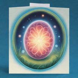 Illustrate a cute, cartoon-style 'Embryonic Echo' card, an 'upcell' type. Depict a delightful scene of a cell experiencing a magical rebirth, glowing brightly from the echo. The card should radiate a sense of charm and rejuvenation.