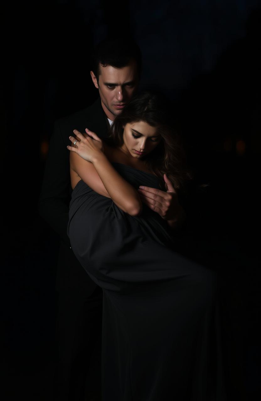 A dark and mysterious scene featuring a man embodying an intense presence, holding a woman gently yet protectively in his arms