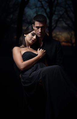 A dark and mysterious scene featuring a man embodying an intense presence, holding a woman gently yet protectively in his arms