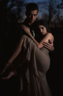 A dark and mysterious scene featuring a man embodying an intense presence, holding a woman gently yet protectively in his arms