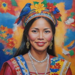 An acrylic painting of a proud Filipina woman wearing colorful traditional attire. The background is filled with symbols of Philippine heritage like the archipelago, a vibrant jeepney, and the indigenous Sunbird.