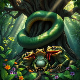 A fantastical forest setting featuring a monstrous python coiling tightly around a thick, ancient oak tree