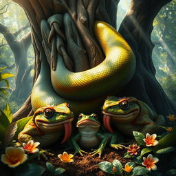 A fantastical forest setting featuring a monstrous python coiling tightly around a thick, ancient oak tree