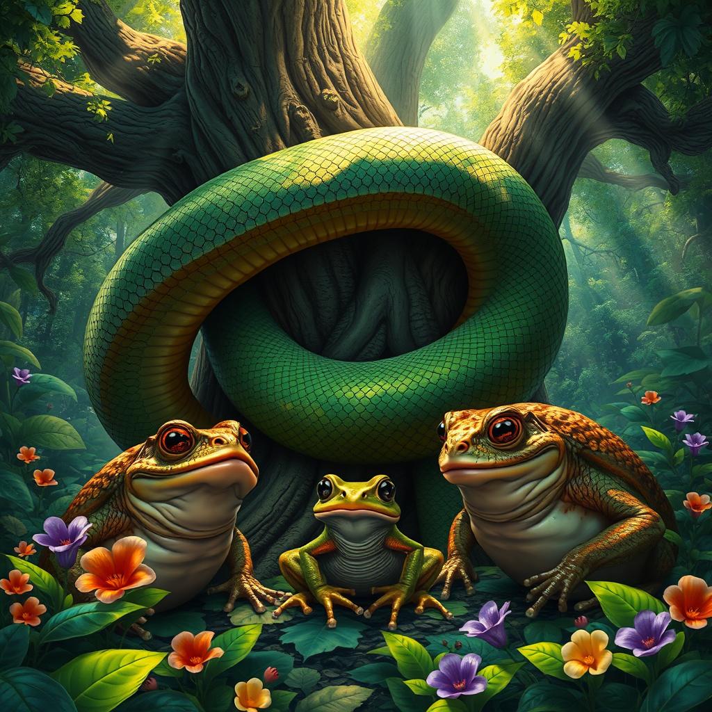 A fantastical forest setting featuring a monstrous python coiling tightly around a thick, ancient oak tree