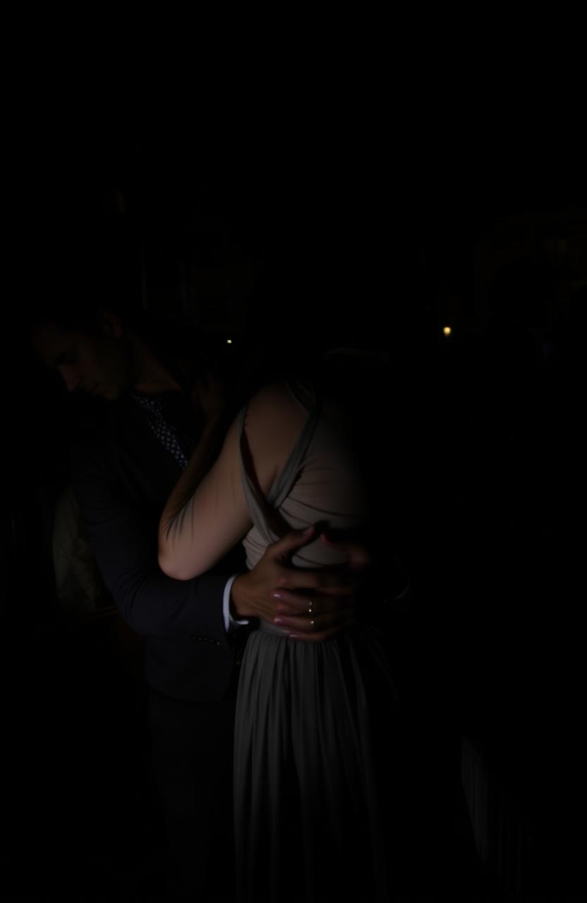 A dark, mysterious scene featuring a man holding a woman at arm's length, their faces obscured and illegible due to shadow and lighting