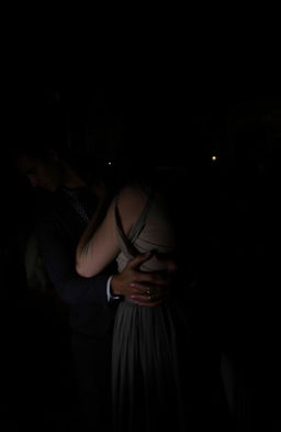 A dark, mysterious scene featuring a man holding a woman at arm's length, their faces obscured and illegible due to shadow and lighting