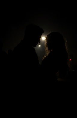 A dark, mysterious scene featuring a man holding a woman at arm's length, their faces obscured and illegible due to shadow and lighting