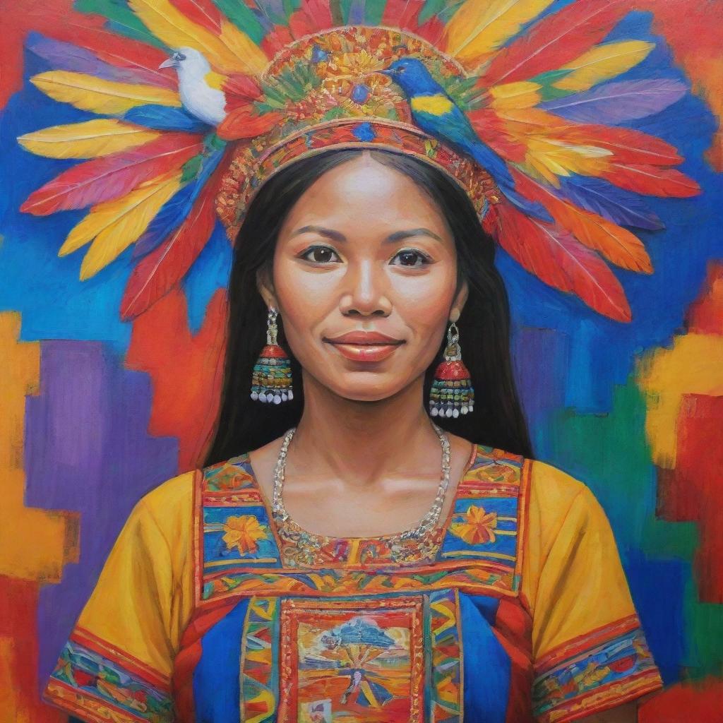 An acrylic painting of a proud Filipina woman wearing colorful traditional attire. The background is filled with symbols of Philippine heritage like the archipelago, a vibrant jeepney, and the indigenous Sunbird.