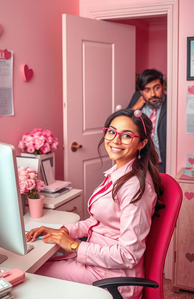A bubbly secretary with bright pastel pink attire and cheerful accessories, sitting at her desk with a smile, surrounded by cute office supplies and heart decorations