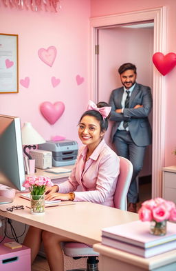 A bubbly secretary with bright pastel pink attire and cheerful accessories, sitting at her desk with a smile, surrounded by cute office supplies and heart decorations