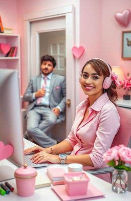 A bubbly secretary with bright pastel pink attire and cheerful accessories, sitting at her desk with a smile, surrounded by cute office supplies and heart decorations