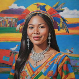 An acrylic painting of a proud Filipina woman wearing colorful traditional attire. The background is filled with symbols of Philippine heritage like the archipelago, a vibrant jeepney, and the indigenous Sunbird.