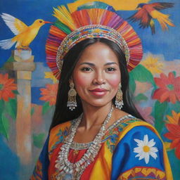 An acrylic painting of a proud Filipina woman wearing colorful traditional attire. The background is filled with symbols of Philippine heritage like the archipelago, a vibrant jeepney, and the indigenous Sunbird.