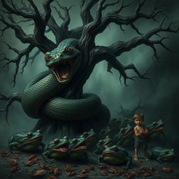 An angry, monstrous, ugly python wrapping around a dying old, brittle oak tree in a dark fantasy setting