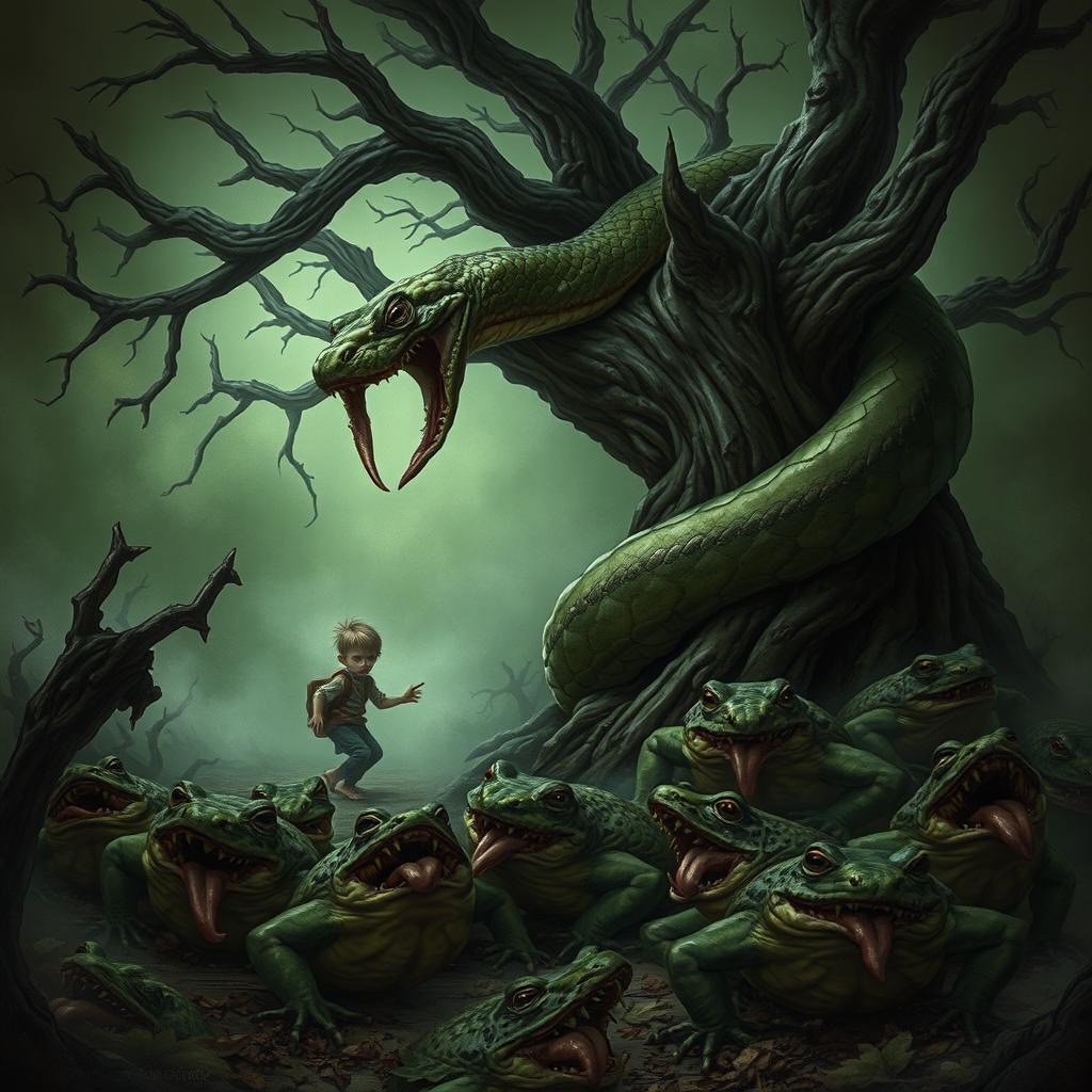 An angry, monstrous, ugly python wrapping around a dying old, brittle oak tree in a dark fantasy setting