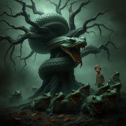 An angry, monstrous, ugly python wrapping around a dying old, brittle oak tree in a dark fantasy setting