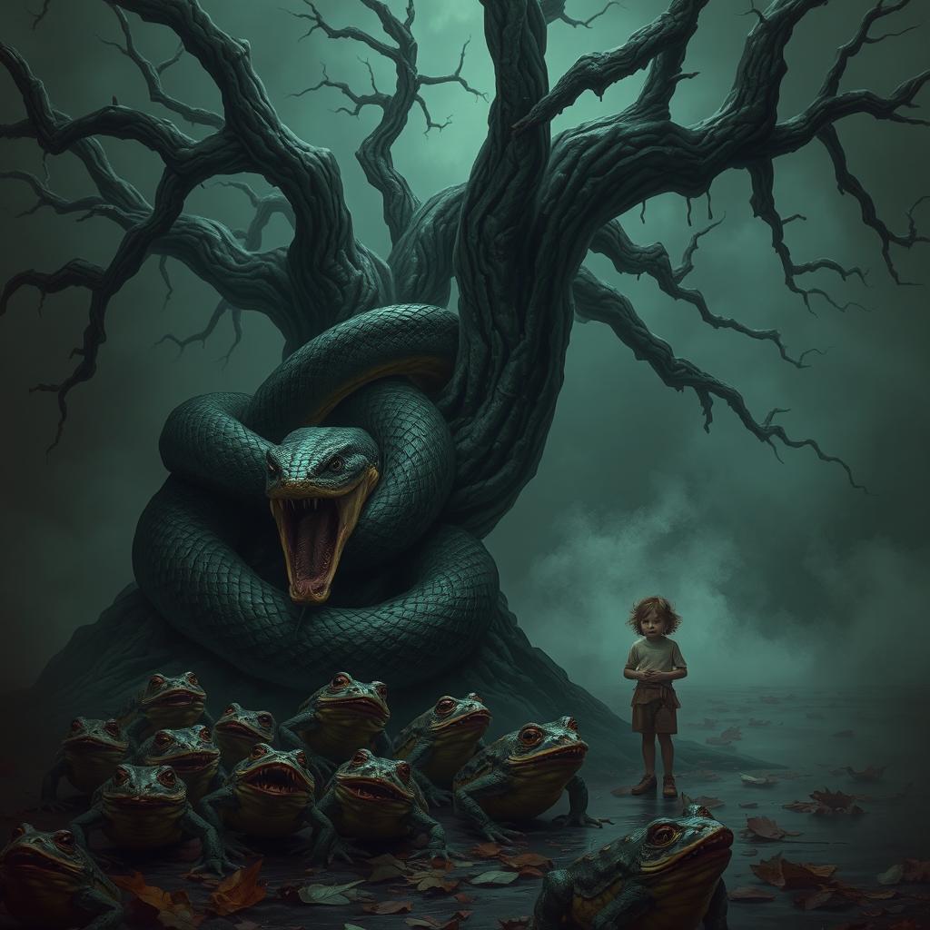 An angry, monstrous, ugly python wrapping around a dying old, brittle oak tree in a dark fantasy setting