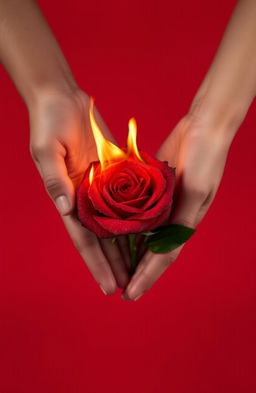 A close-up of two hands gently holding each other against a vibrant red background