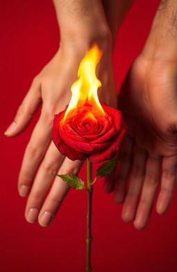 A close-up of two hands gently holding each other against a vibrant red background