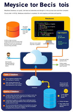 A visually engaging and informative illustration depicting the basics of MySQL, featuring key concepts like databases, tables, queries, and relationships