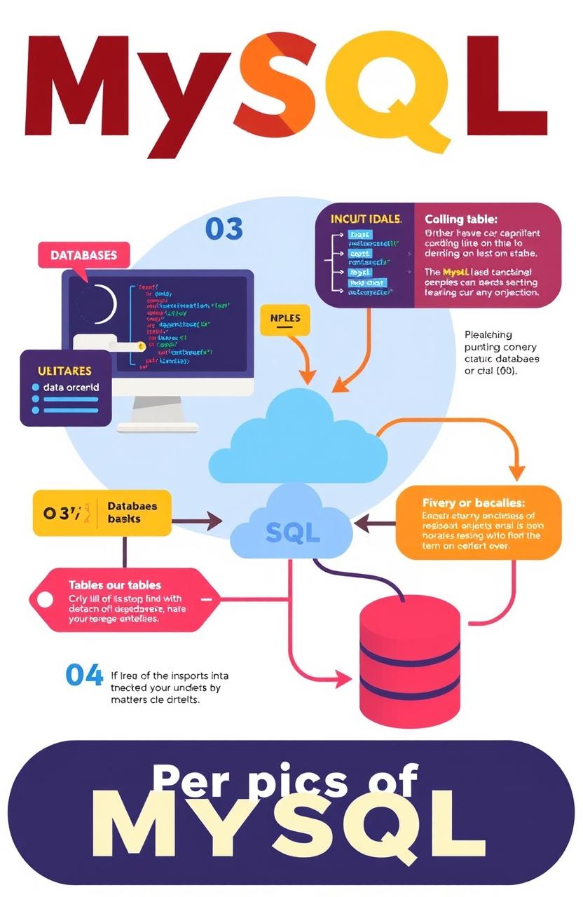 A visually engaging and informative illustration depicting the basics of MySQL, featuring key concepts like databases, tables, queries, and relationships