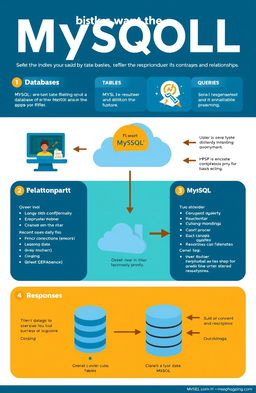 A visually engaging and informative illustration depicting the basics of MySQL, featuring key concepts like databases, tables, queries, and relationships