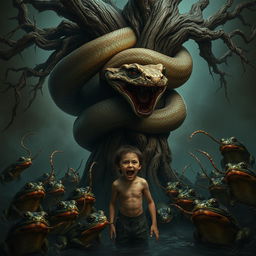 An angry, monstrous, and ugly python tightly wrapping around a dying, old, brittle oak tree in a dark fantasy setting