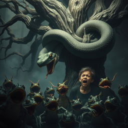 An angry, monstrous, and ugly python tightly wrapping around a dying, old, brittle oak tree in a dark fantasy setting