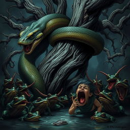 An angry, monstrous, and ugly python tightly wrapping around a dying, old, brittle oak tree in a dark fantasy setting