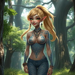 A hyper-realistic depiction of a young and beautiful elf girl with long blonde hair tied in a ponytail, featuring a joyful expression resembling 'Miya' from Mobile Legends