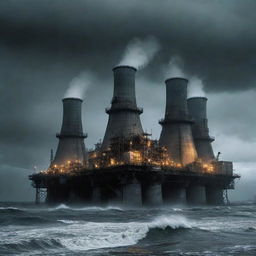 A foreboding nuclearpunk oil rig, complete with giant cooling towers, radioactive containers, and glowing nuclear symbols, splashed by irradiated sea waves under a fallout-tainted sky.