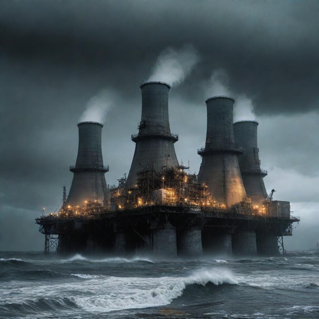 A foreboding nuclearpunk oil rig, complete with giant cooling towers, radioactive containers, and glowing nuclear symbols, splashed by irradiated sea waves under a fallout-tainted sky.