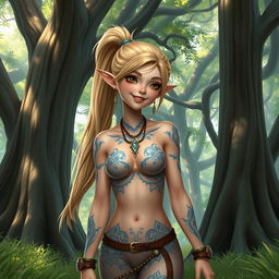 A hyper-realistic depiction of a young and beautiful elf girl with long blonde hair tied in a ponytail, featuring a joyful expression resembling 'Miya' from Mobile Legends