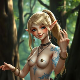 A hyper-realistic depiction of a young and beautiful elf girl with long blonde hair tied in a ponytail, featuring a joyful expression resembling 'Miya' from Mobile Legends