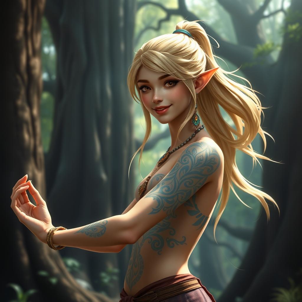 A hyper-realistic depiction of a young and beautiful elf girl with long blonde hair tied in a ponytail, featuring a joyful expression resembling 'Miya' from Mobile Legends