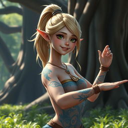 A hyper-realistic depiction of a young and beautiful elf girl with long blonde hair tied in a ponytail, featuring a joyful expression resembling 'Miya' from Mobile Legends