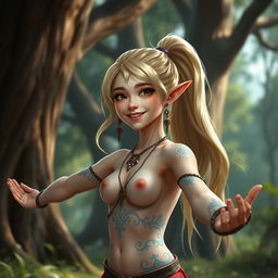 A hyper-realistic depiction of a young and beautiful elf girl with long blonde hair tied in a ponytail, featuring a joyful expression resembling 'Miya' from Mobile Legends