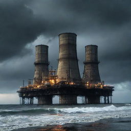 A foreboding nuclearpunk oil rig, complete with giant cooling towers, radioactive containers, and glowing nuclear symbols, splashed by irradiated sea waves under a fallout-tainted sky.