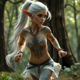 A realistic depiction of a beautiful young elf girl with long white hair styled in a ponytail