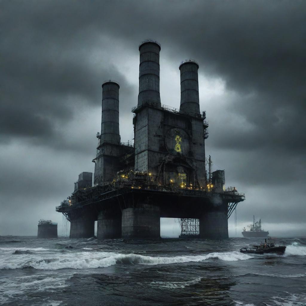 A foreboding nuclearpunk oil rig, complete with giant cooling towers, radioactive containers, and glowing nuclear symbols, splashed by irradiated sea waves under a fallout-tainted sky.