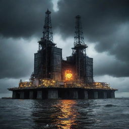 A foreboding nuclearpunk oil rig, complete with giant cooling towers, radioactive containers, and glowing nuclear symbols, splashed by irradiated sea waves under a fallout-tainted sky.