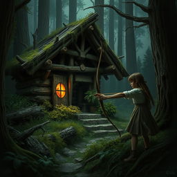 An old abode constructed from dead logs and overgrown shrubbery nestled deep within a dark fantasy forest