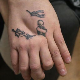 A symbolic, intricately designed father and son tattoo. It features a strong, protective father's hand holding a smaller, child-like hand, signifying the empowering bond between a father and son.