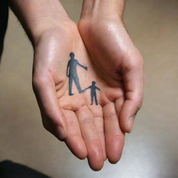 A symbolic, intricately designed father and son tattoo. It features a strong, protective father's hand holding a smaller, child-like hand, signifying the empowering bond between a father and son.