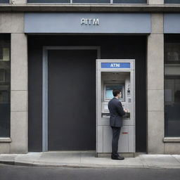 A surreal scenario showing a human figure inexplicably consuming an Automated Teller Machine (ATM), possibly a creative representation of technology consumption or financial indulgence, amidst a nondescript urban backdrop.