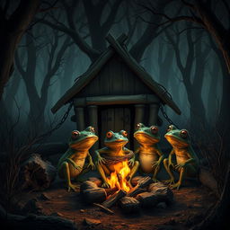 A dark fantasy scene featuring a simple, old, broken down abode constructed from dead logs and surrounded by withered shrubbery, situated deep within a mysterious forest